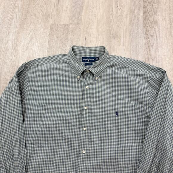 Vintage Polo Ralph Lauren Button Down Shirt Men's 2X Big Green Blue Plaid 90s - Picture 3 of 7
